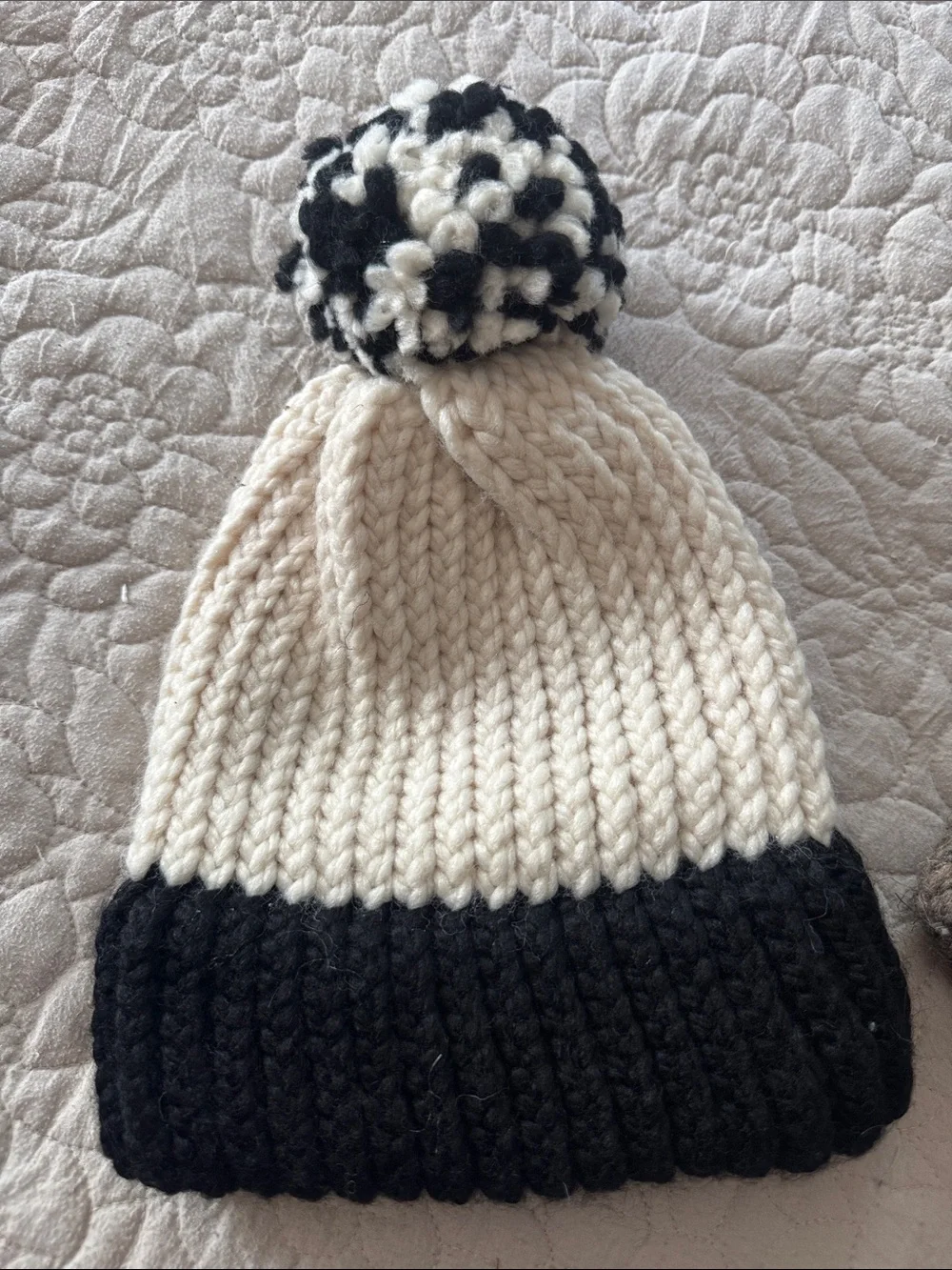 Kids Cozy Pom-Pom Knit Hat - Brown and Cream/Black